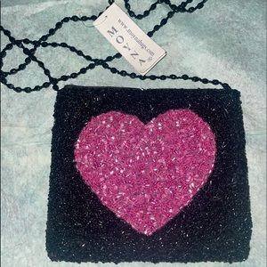 Beautiful black beaded pink heart Moyna purse